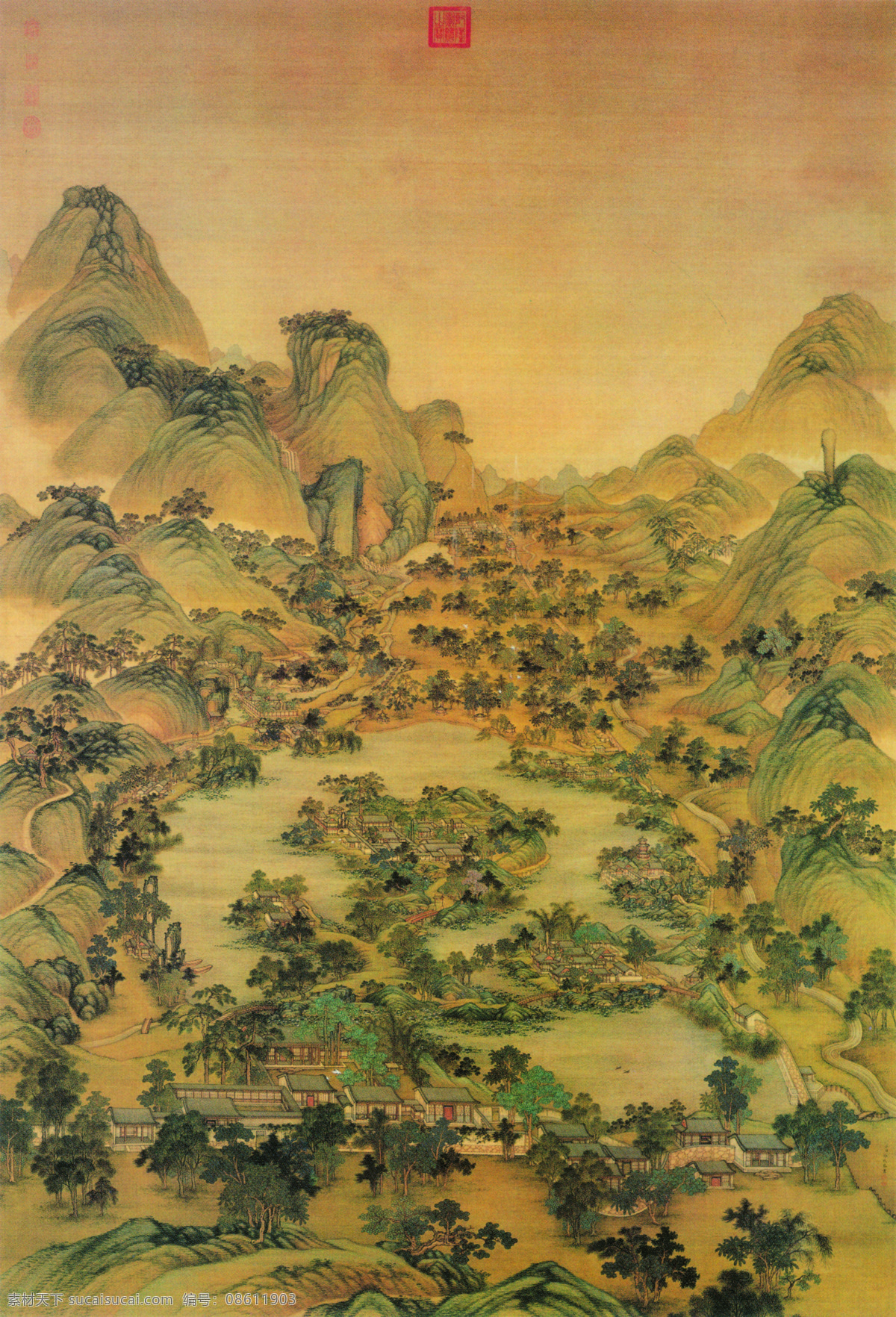 背景 风景 古建筑 绘画书法 山水画 设计图库 书法 松树 避暑山庄图 中国工笔画 印章 冷枚 热河行宫 清泉 亭台 文化艺术 装饰素材 雕刻 图案