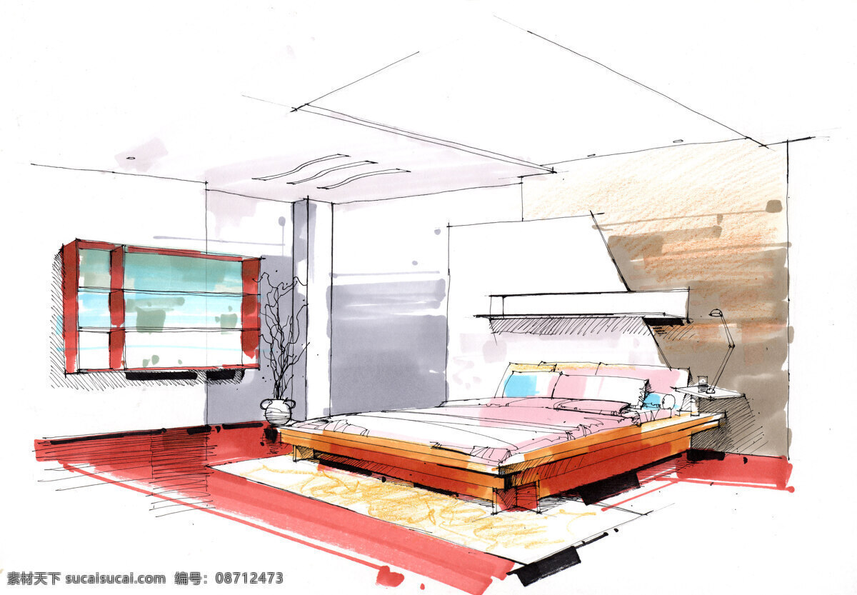 卧室手绘 床 沙发 茶几 台灯 窗帘 家装 装饰 室内设计 现代风格 壁画 窗户 桌子 椅子 吊灯 电视 装潢设计 效果图 环境设计