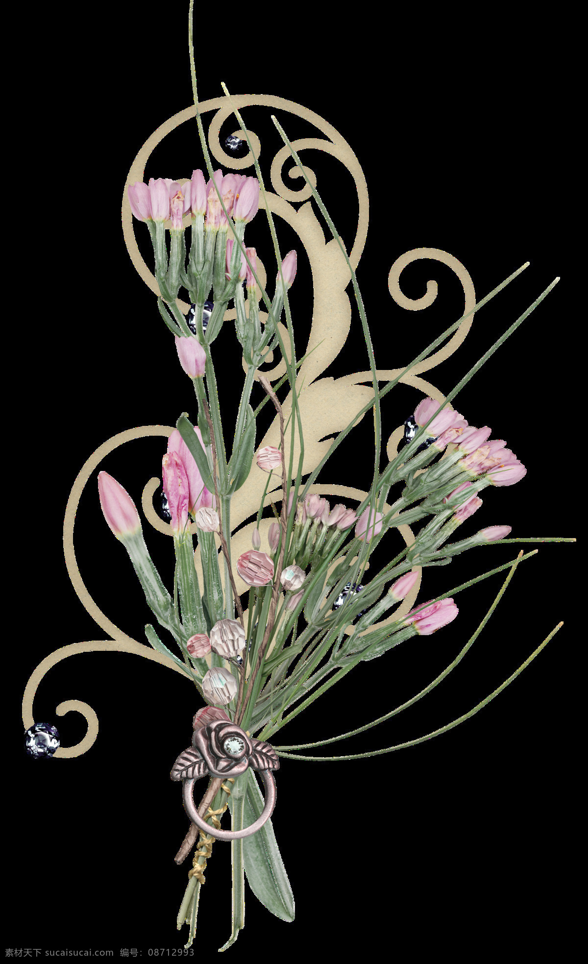 手绘 水彩 浪漫婚礼 花束 透明 粉红色 郁金香 藤蔓 绿叶 透明素材 免扣素材 装饰图片