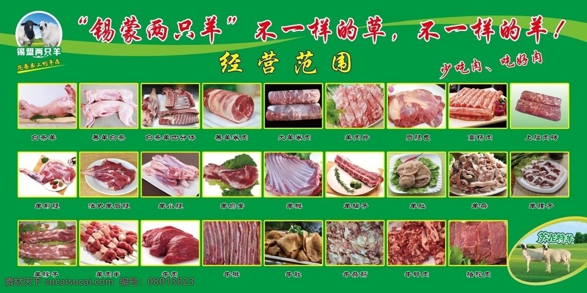 牛羊肉展板 牛肉 羊肉 羊肉卷 牛肉卷 羊肉串 牛肉串 羊排 牛排 羊脊骨 锡盟两只羊 展板 绿色 山羊 内蒙草原羊 山羊标志 展板模板