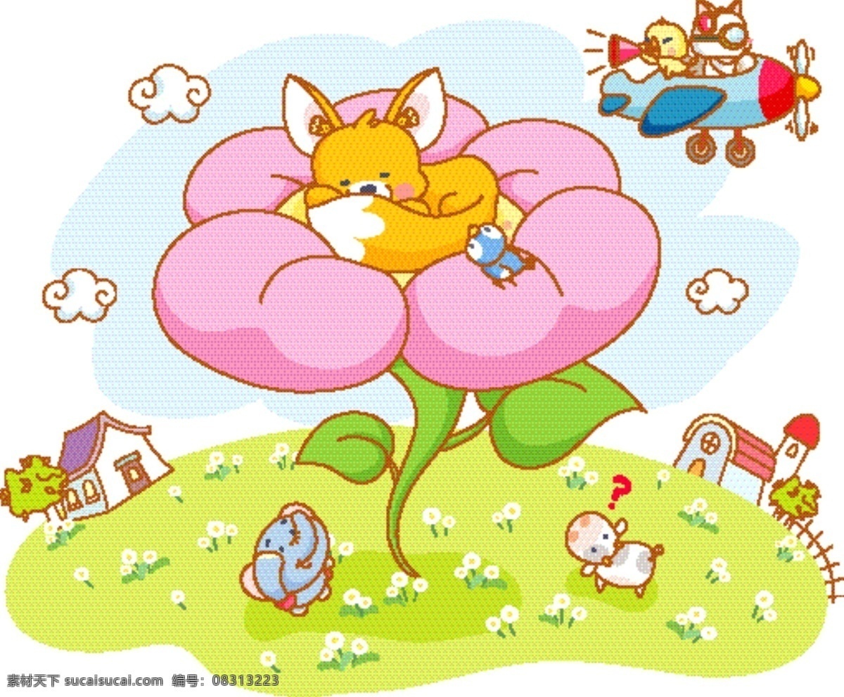 睡觉中 卡通 大象 小狗 小鸟 小猫 奶牛 草地 花朵 睡觉 飞机 喇叭 叫醒 野生动物 生物世界 矢量