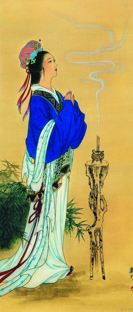 拜月图 美术 中国画 人物画 女人 仕女 美人 月夜 国画集128 文化艺术 绘画书法