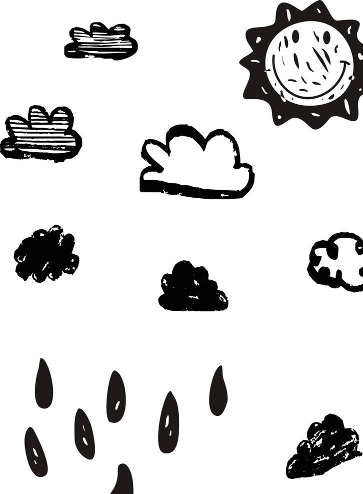 破碎的云朵 破烂 破碎 印花 背景 太阳 云朵 雨滴 矢量图 简笔画 卡通图案合集