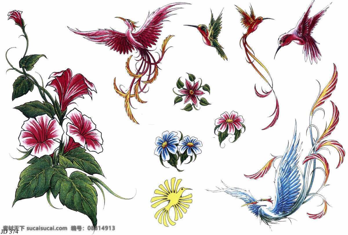 纹身动物花朵 纹身 动物 花朵 凤凰 红凤凰 蓝凤凰 小鸟 牵牛花 体育运动 文化艺术