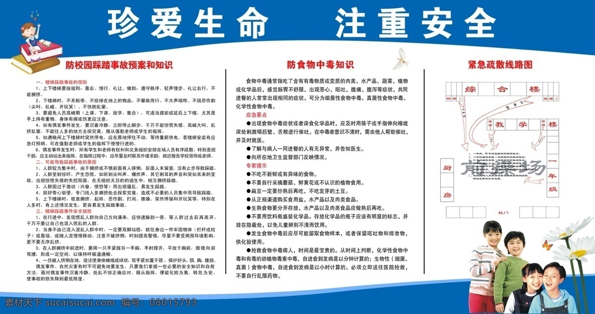 珍爱生命 注重安全 安全内容 学校知识 学生图片 向日葵 防食物知识 防 校园 踩踏 事故 知识 展板模板 广告设计模板 源文件