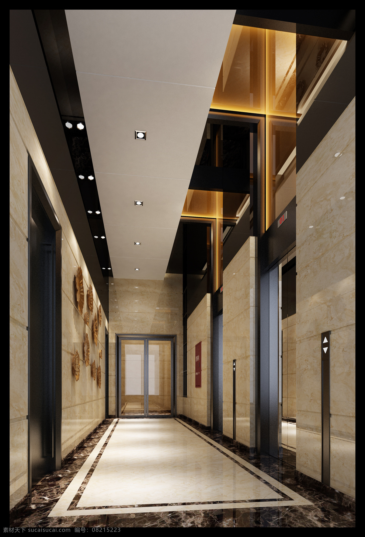 电梯间效果 现代风格 一层电梯间 镜面不锈钢 茶镜 防火玻璃门 环境设计 室内设计