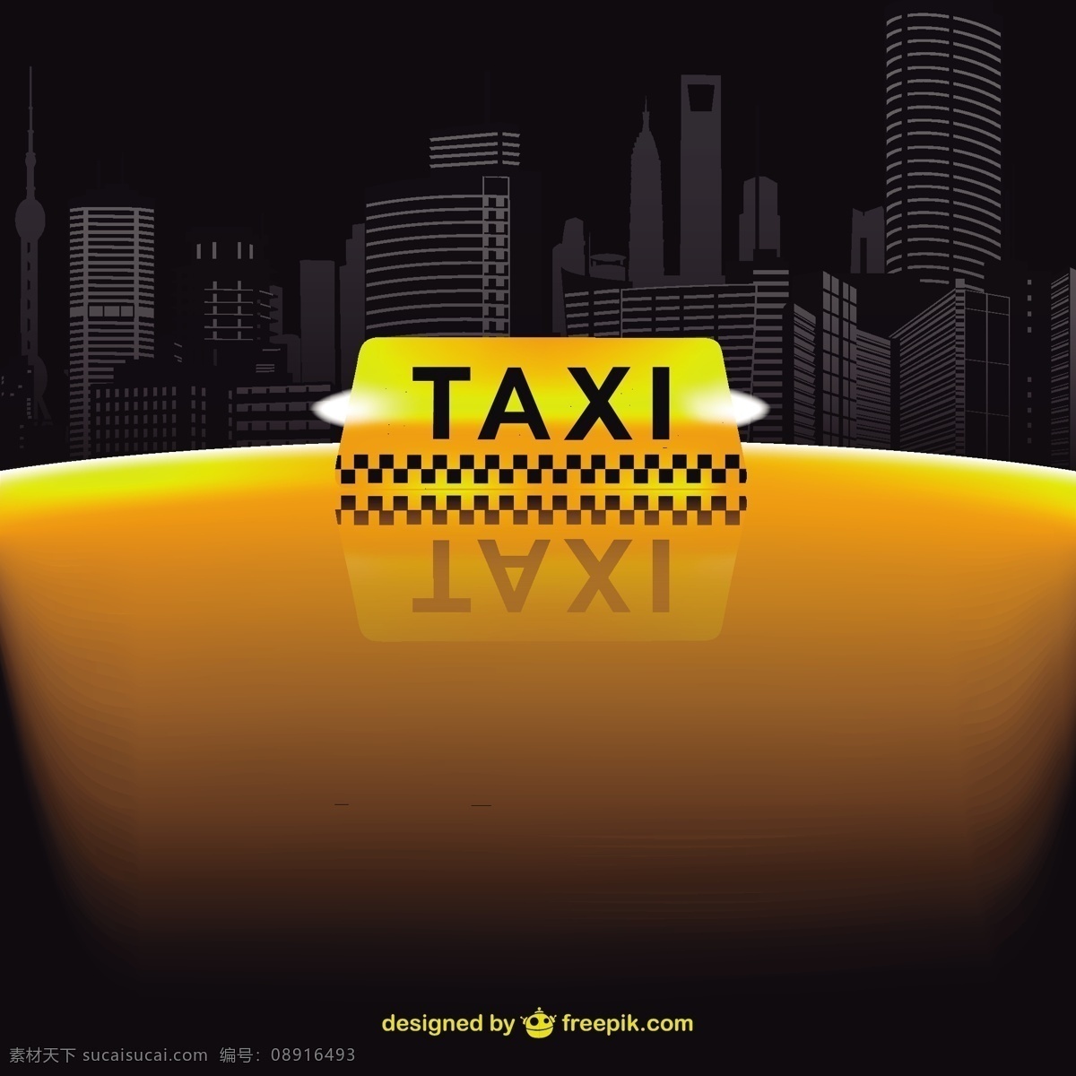 黄色 出租车 天际线 汽车 城市 模板 壁纸 图形 布局 标志 平面设计 黑色 夜间 交通 现代 插图 符号 背景