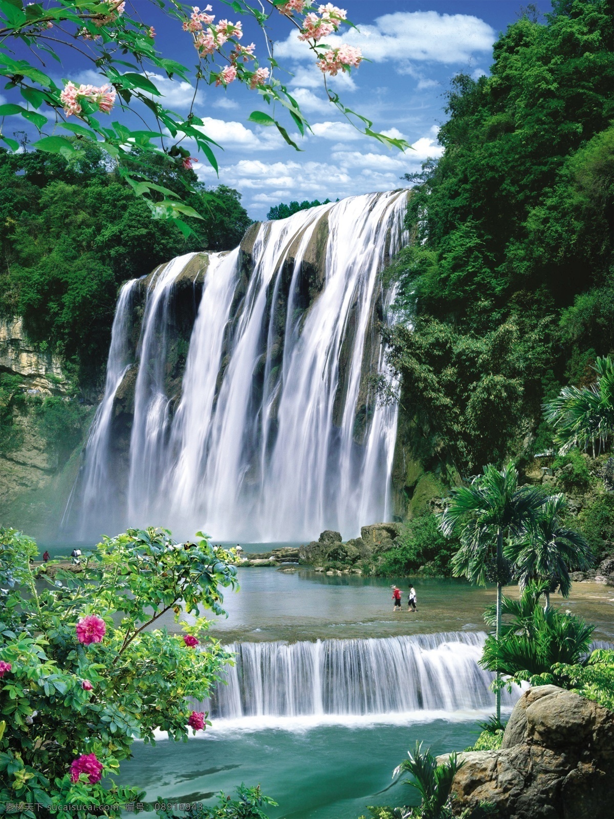 风景画 分层 风景 花树 瀑布 优美风景 源文件库 模板下载 装饰素材 山水风景画