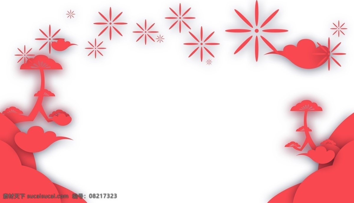 手绘 新年 松树 边框 红色的松树 红色的雪花 飘落的雪花 卡通边框 手绘新年边框 漂亮的边框