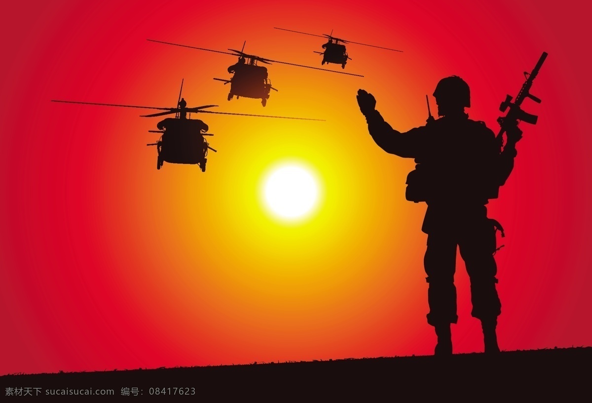 士兵 直升机 剪影 矢量图 保卫 精美 红色