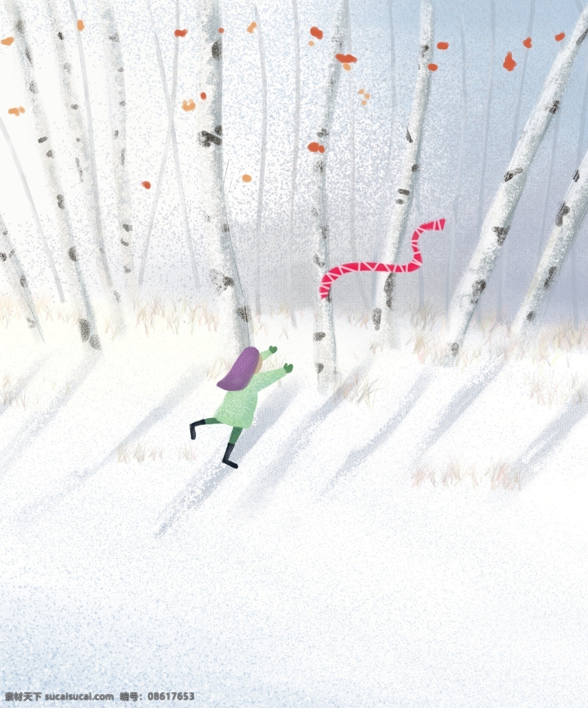 树林 雪地 追逐 围巾 少女 手 治愈 绘 插 画风 插画 手绘