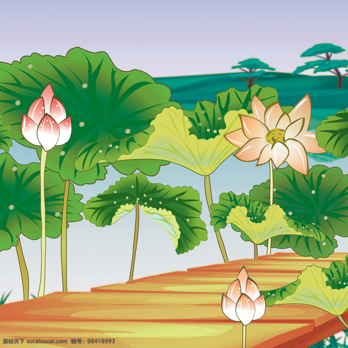 荷花桥 树木 河水 莲花朵 绿色