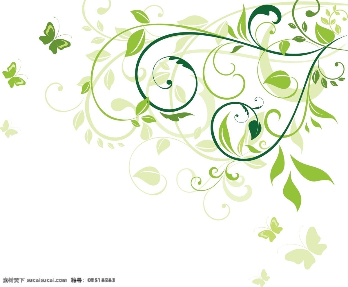 绿叶图片 绿叶 叶子 花纹 枝叶 绿色 蝴蝶 素材图