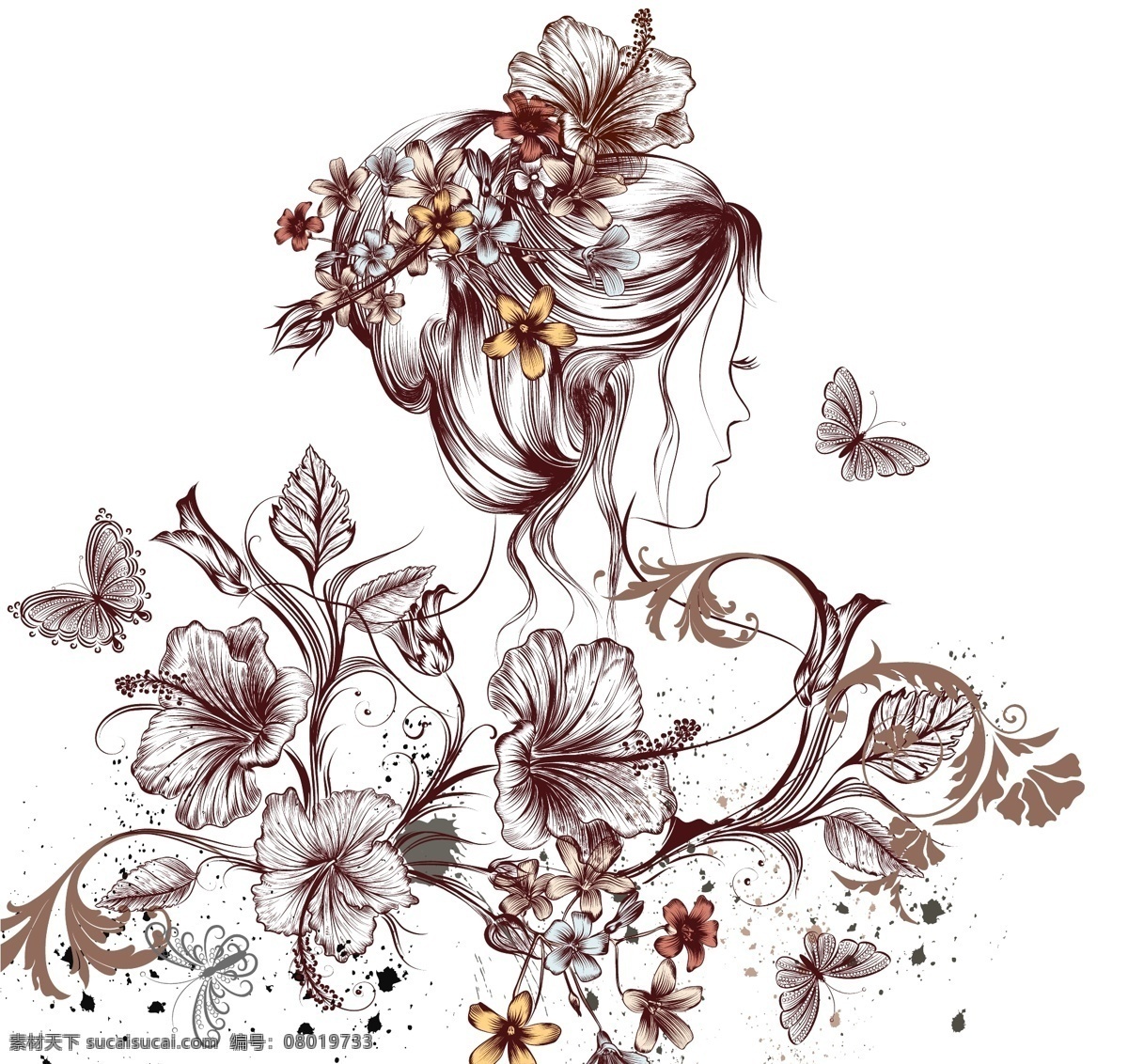 手绘 时尚 人物 头像 插画 蝴蝶 花朵