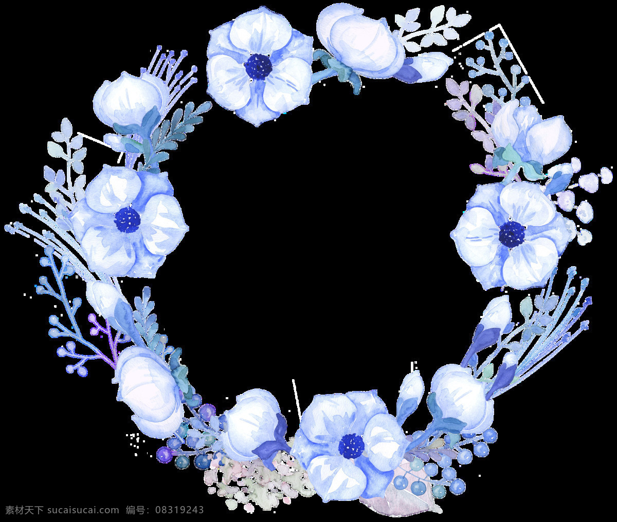 清新 蓝色 雅致 小花 手绘 花环 装饰 元素 花瓣 花环图案 蓝色斑点 蓝色花朵 水彩画