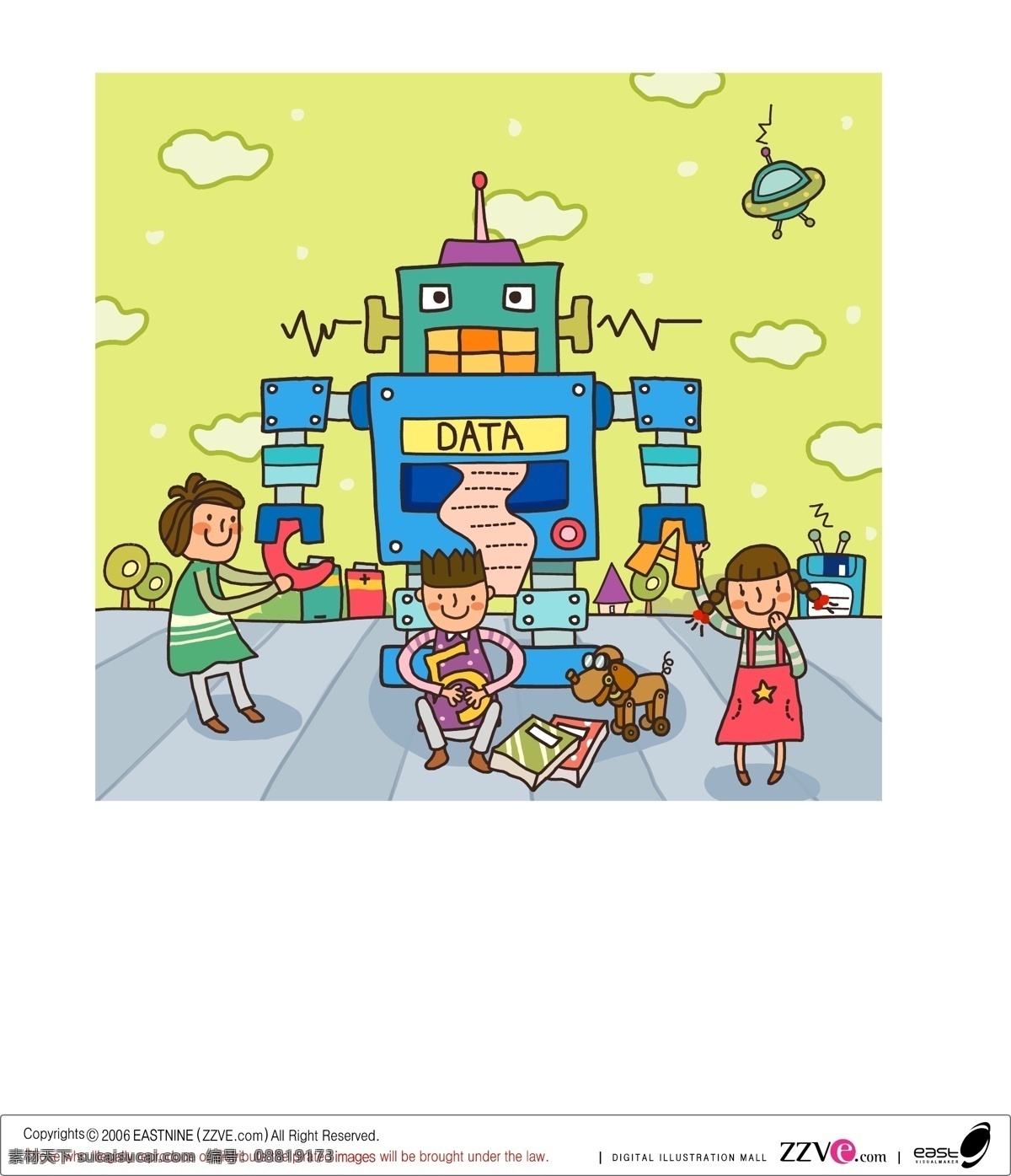 儿童 插画 儿童幼儿 飞碟 机器人 科技 矢量人物 手绘 矢量 插画集