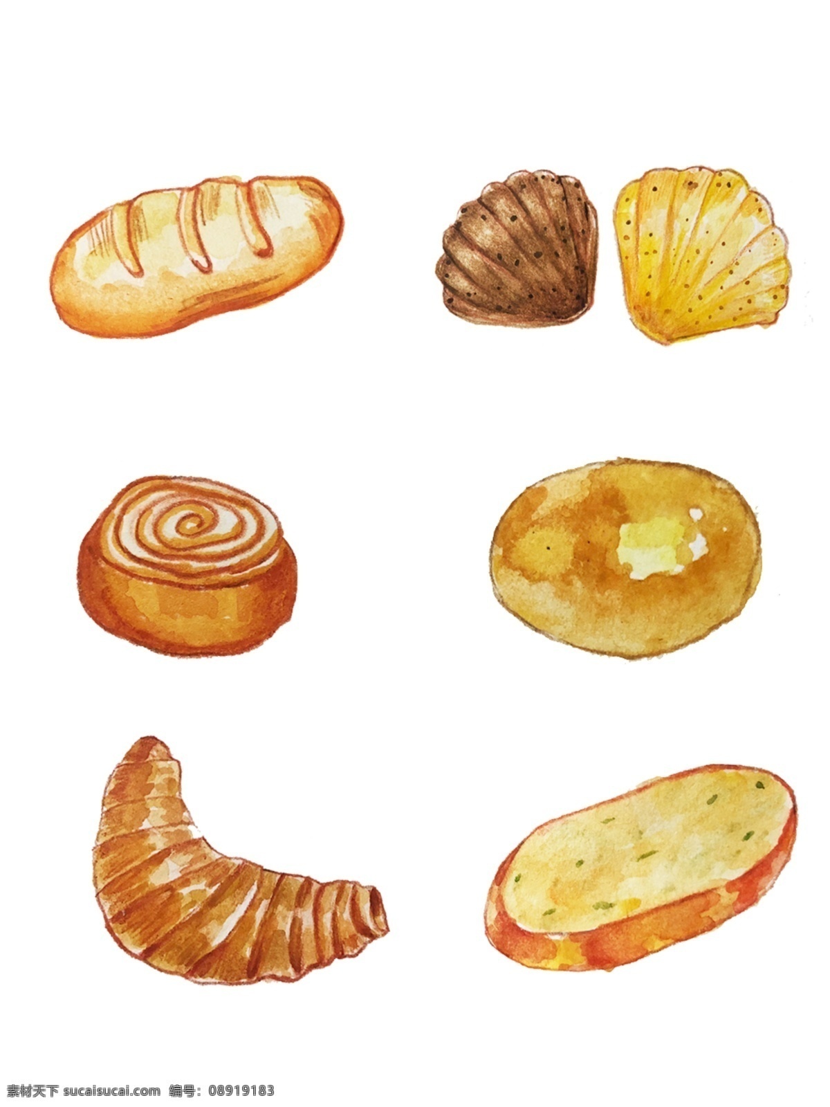 手绘 水彩 不同 种类 面包 食物 烤面包 bread