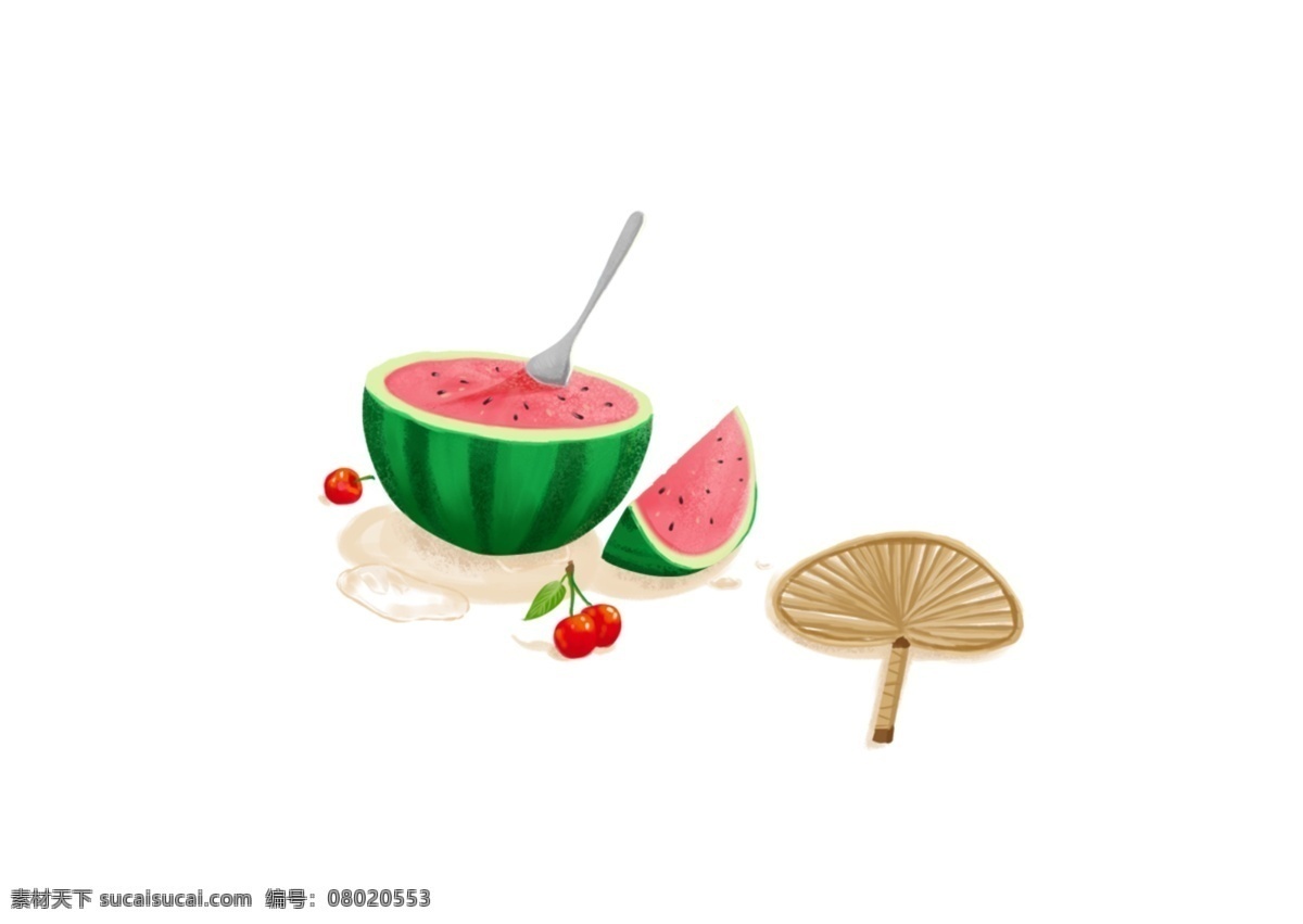 手绘 卡通 西瓜 装饰 扇子 樱桃 叉子 夏天 夏至