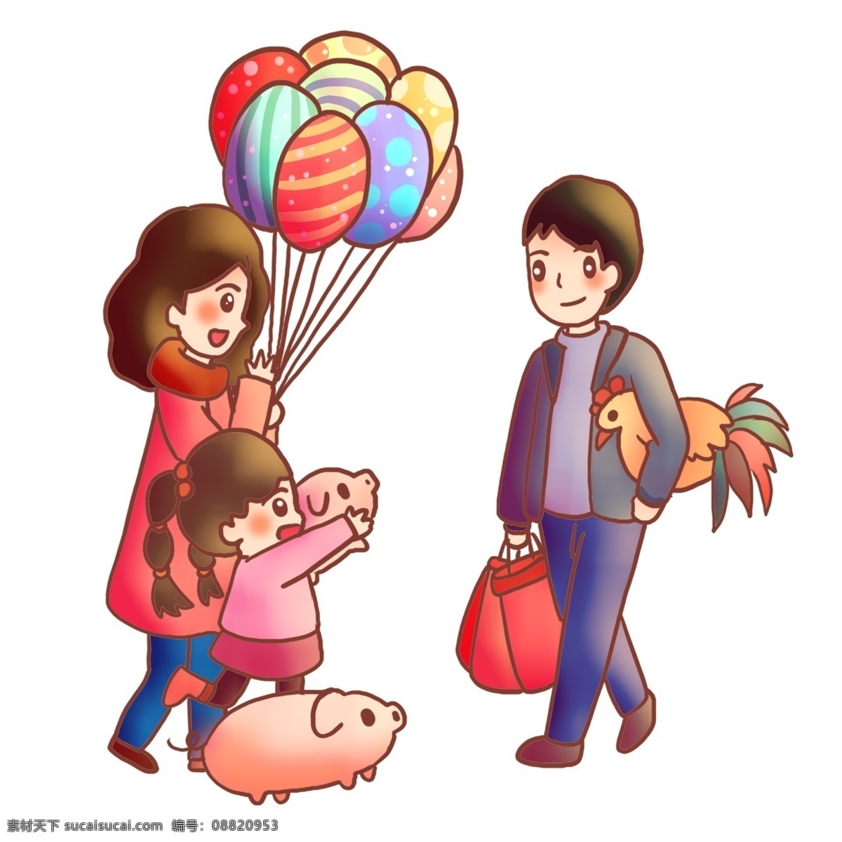 2019 拜年 团聚 鸡 彩色 气球 元旦 可爱 新年 猪年 小猪 年货 团圆 开心 温暖 暖色 卡通手绘