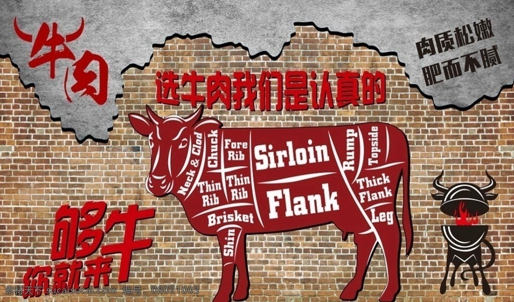 牛肉海报 牛肉 海报 红砖墙 牛 矢量图 动漫动画