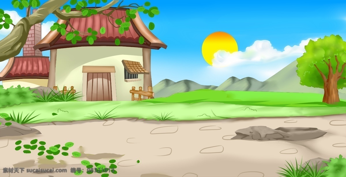 手绘 大树下 建筑物 早春 背景 大树 太阳 草地 树木 背景素材 早春背景 广告背景