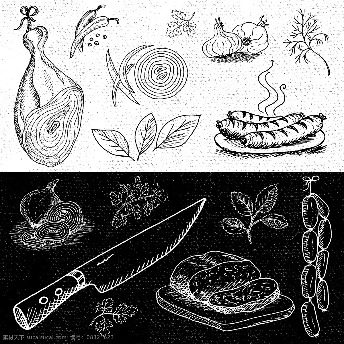 鸡腿 香肠 烹饪 饮食 矢量 合集 水果刀 黑板 手绘 英文 插画 线条 卡通 水果 蔬菜