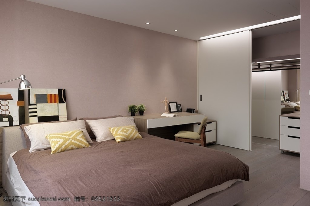 简约 卧室 床头 灰色 背景 装修 效果图 白色射灯 床头柜 方形吊顶 灰色地板砖 门框