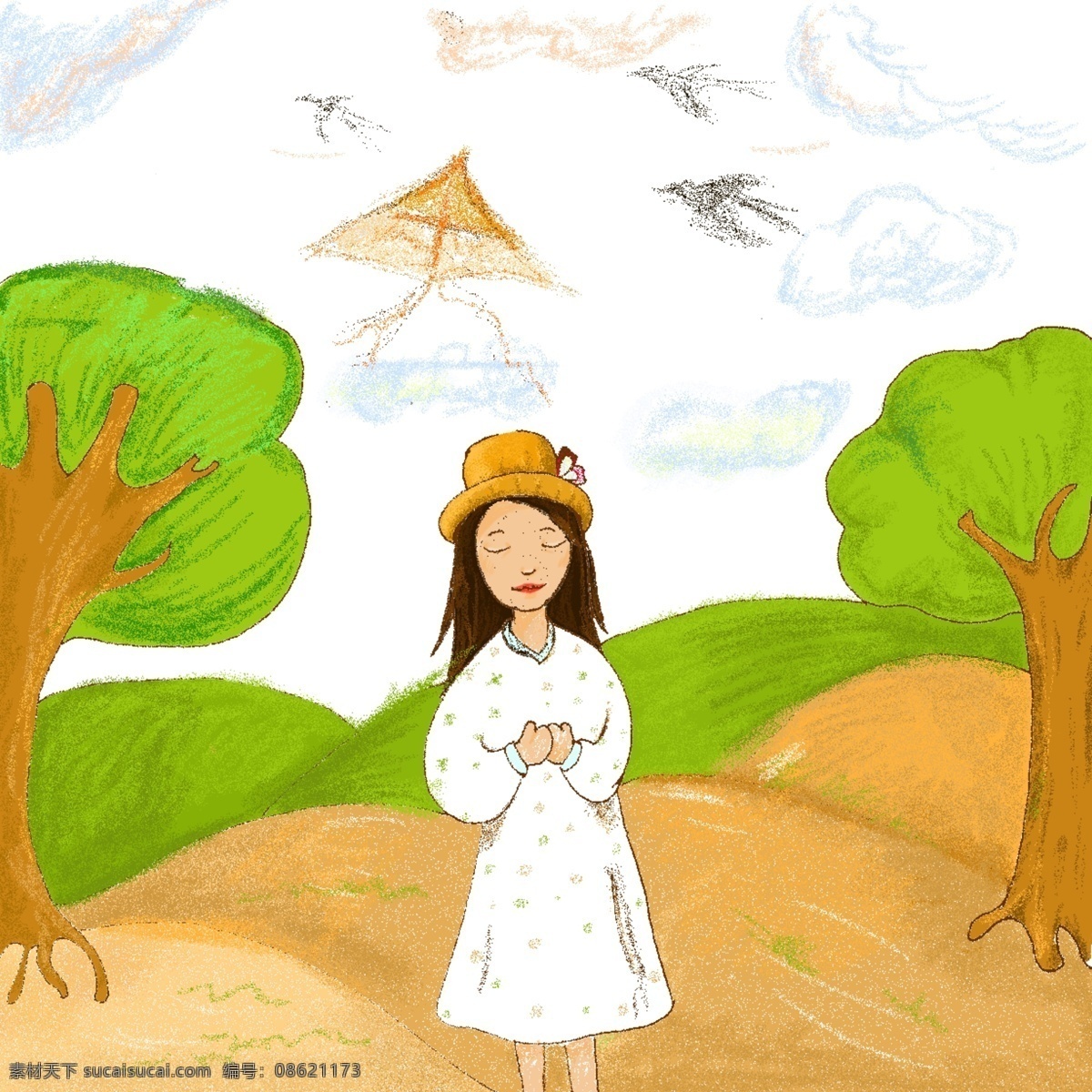 春季 插画 踏青 少女 田园 风格 手绘 春游 郊游 清明踏青 扁平春游 出游季 绿色春游