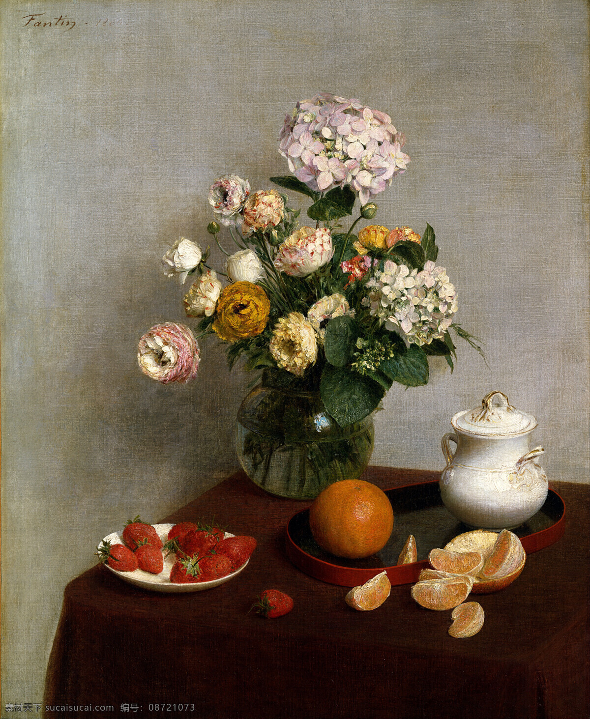 玻璃花瓶 草莓 绘画书法 静物 桔子 文化艺术 油画 鲜花 水果 设计素材 模板下载 鲜花与水果 咖啡罐 混搭鲜花 红色桌布 19世纪油画