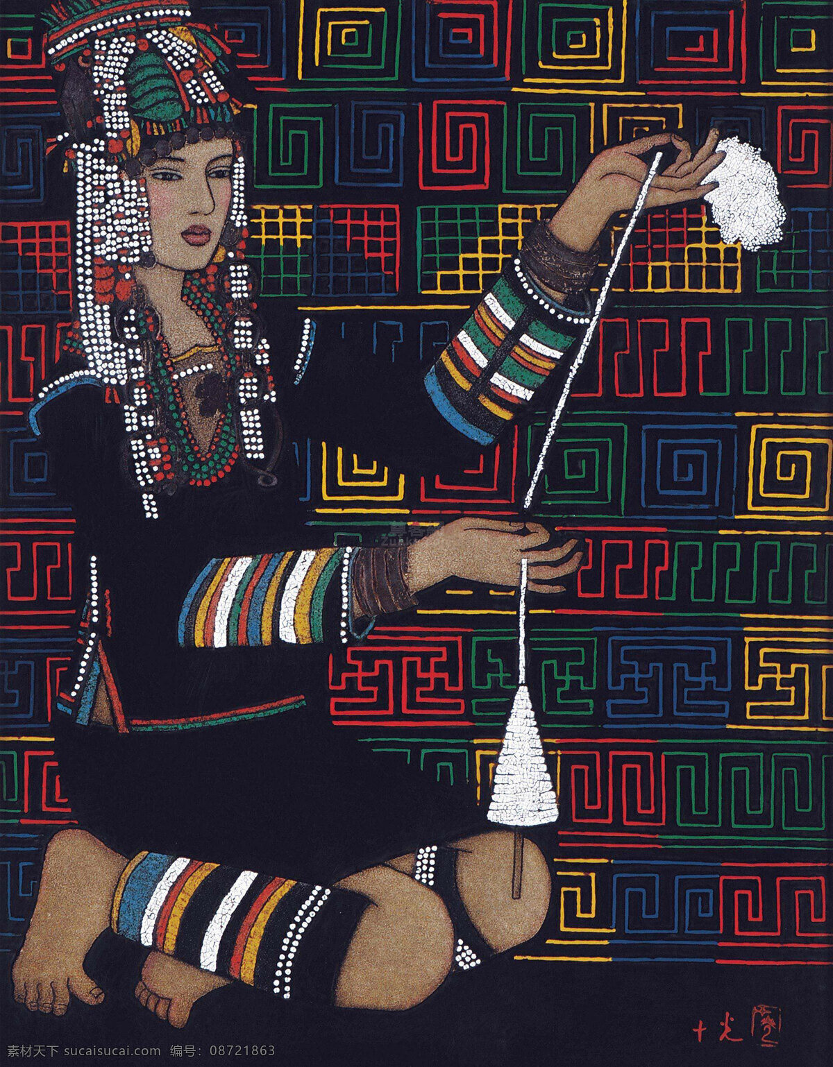 现代 抽象 装饰 漆画 少数民族 女子 绘画书法 文化艺术
