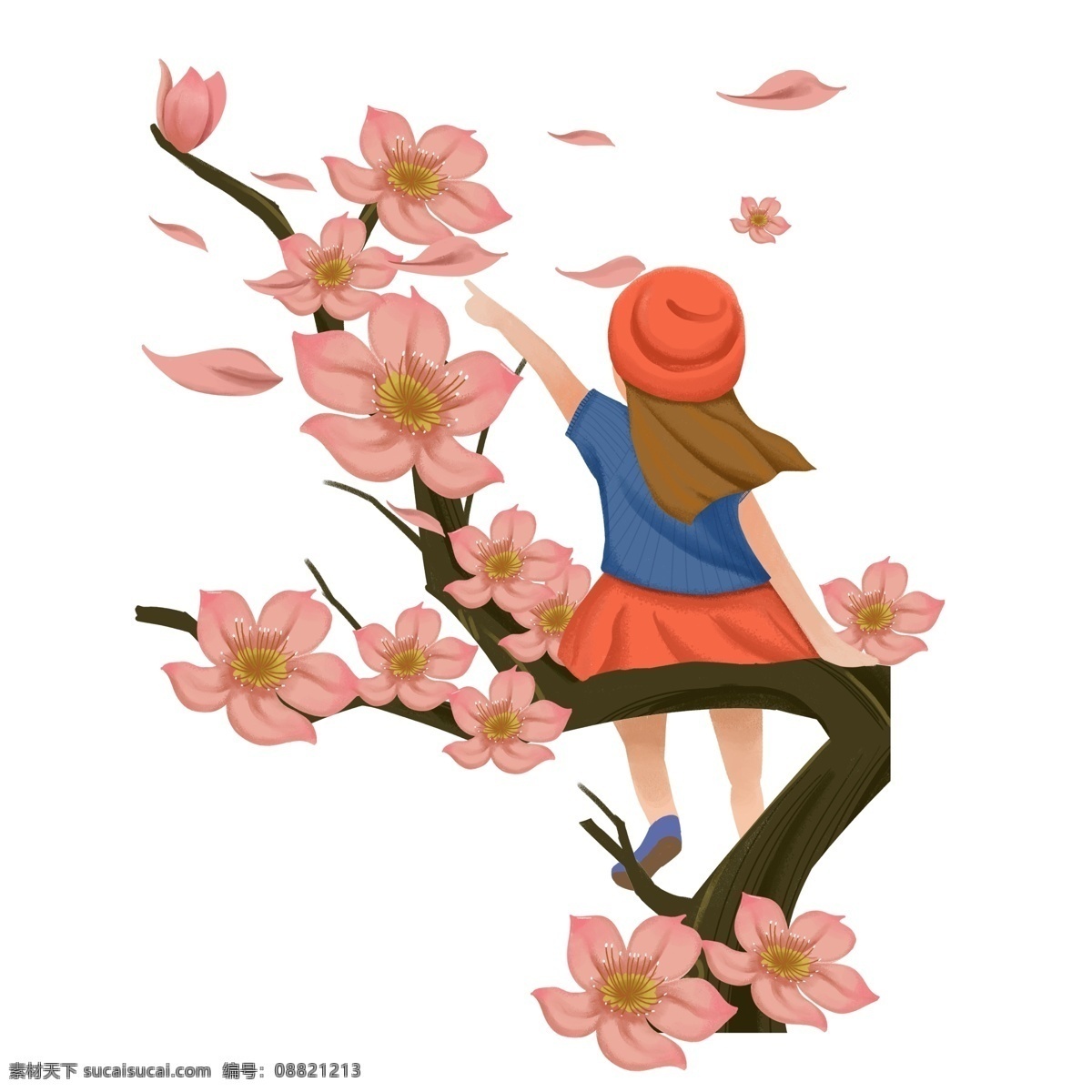 坐在 花枝 上 女孩 图案 元素 背影 花瓣 设计元素 简约 粉色 手绘 装饰图案 元素设计 创意元素 手绘元素 psd元素
