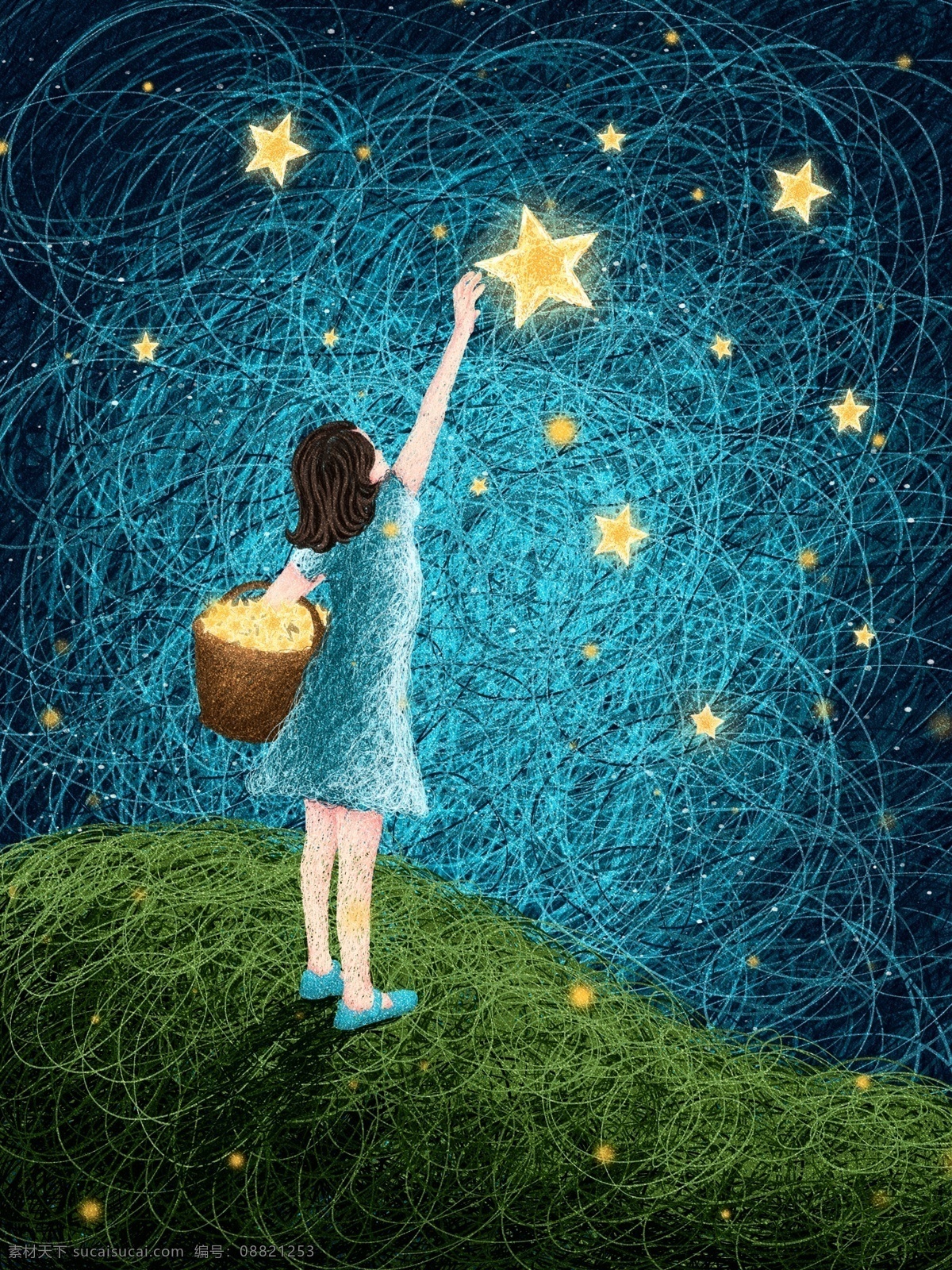 摘 星星 少女 原创 插画 线圈 配图 壁纸 篮子