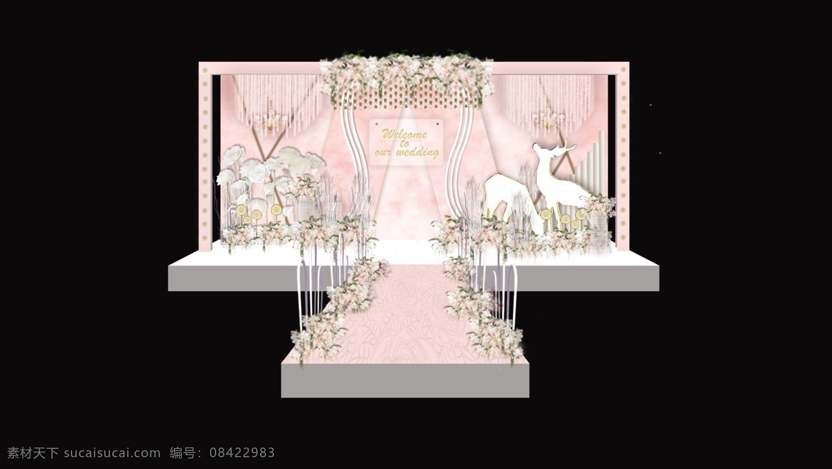 婚礼 淡 粉色 舞台 布置 小清新 花艺 网格 淡粉色 鹿