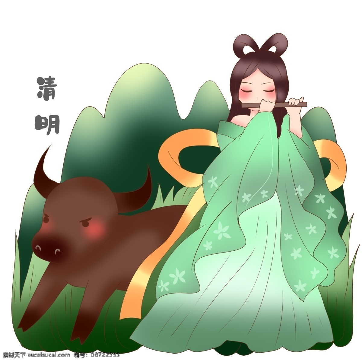 清明节 吹 笛子 插画 吹笛子的女孩 卡通的插画 清明节插画 清明节游玩 清明节玩耍 黑色的老牛