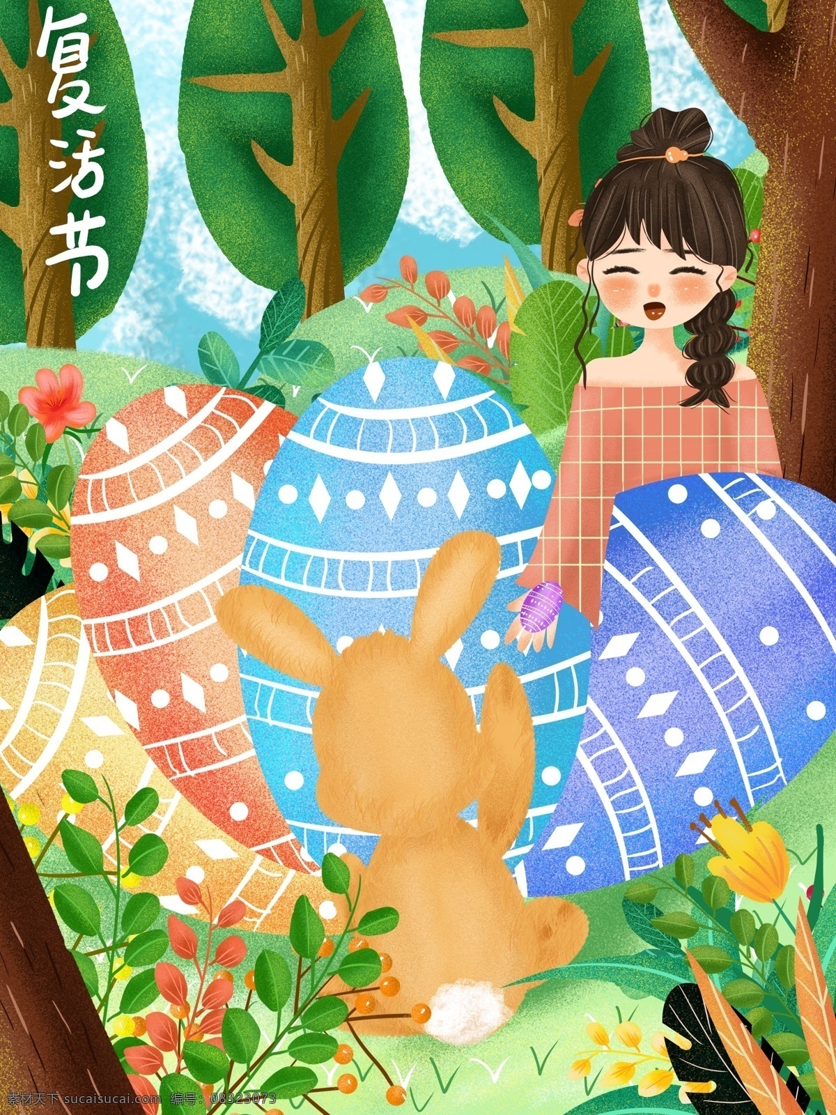 手绘 清新 肌理 复活节 插画 复活节插画 兔子女孩 兔子彩蛋 复活节彩蛋 主题