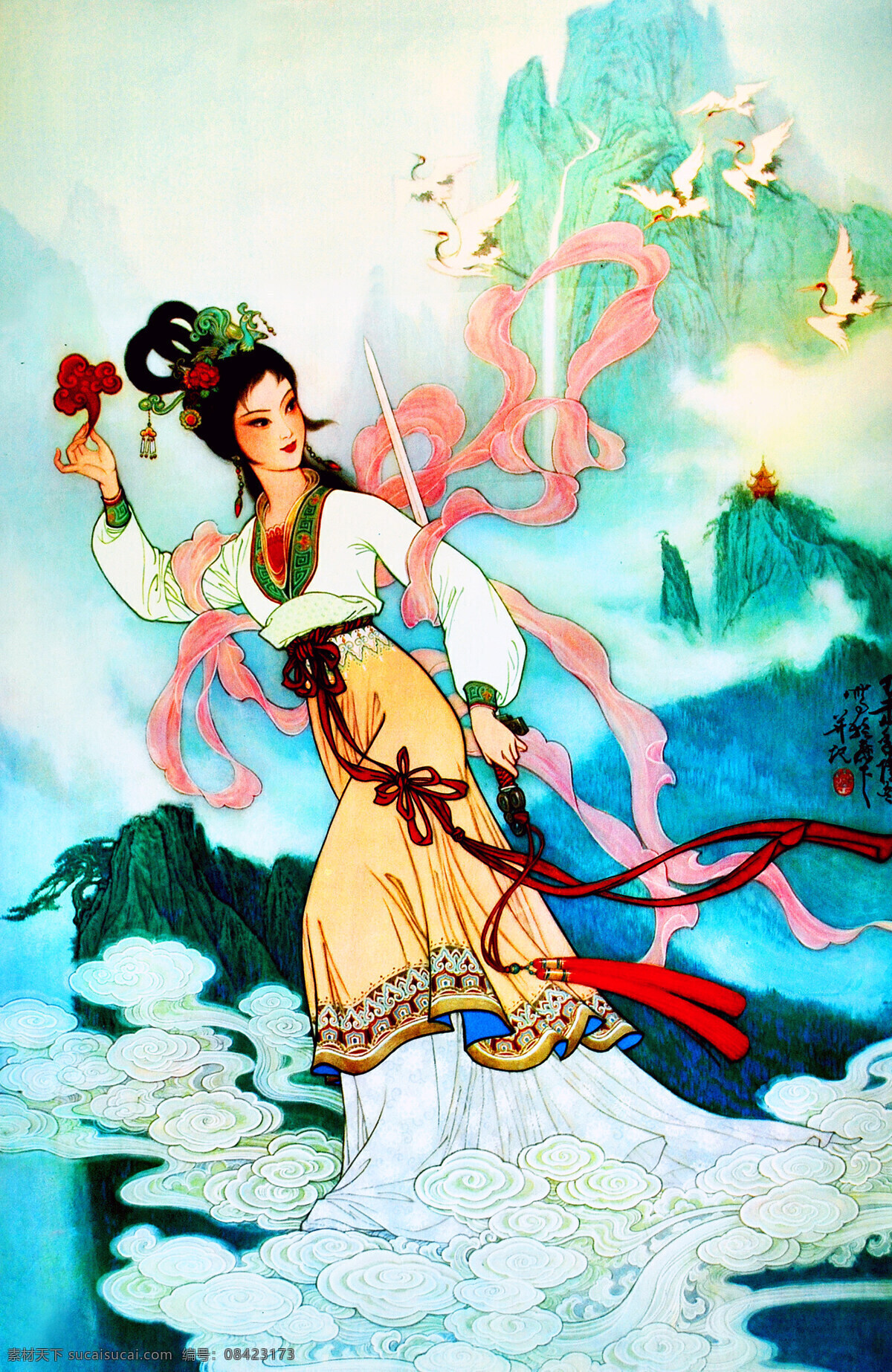 盗仙草 美术 年画 老年画 白蛇传 仙女 白娘子 动作 表情 山岭 仙鹤 云彩 年画艺术 年画作品5 绘画书法 文化艺术