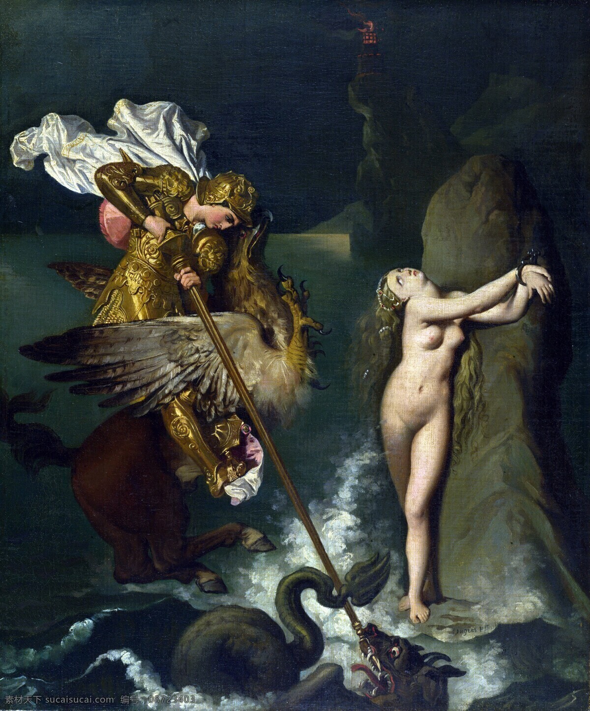 大师 法国 高清 绘画书法 文化艺术 希腊神话 油画 安格尔 鲁杰罗 拯救 阿尔 西娜 新古典主义 欧洲 绘画 图 家居装饰素材