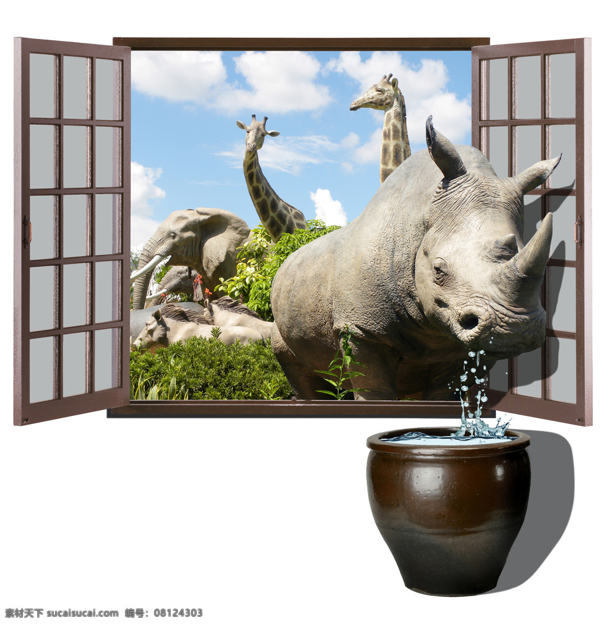 3d墙绘 窗户 犀牛 侏罗纪恐龙 水缸