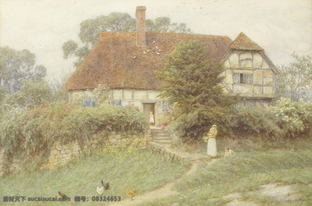 乡间 海伦阿林厄姆 作品 英国女画家 英国乡下 农舍前 家养鸡只 草丛 鲜花 孩子 妇女 世纪 水彩画 文化艺术 绘画书法