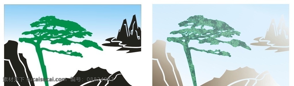 迎客松 雕刻图 双线图 简易 自然景观 自然风光