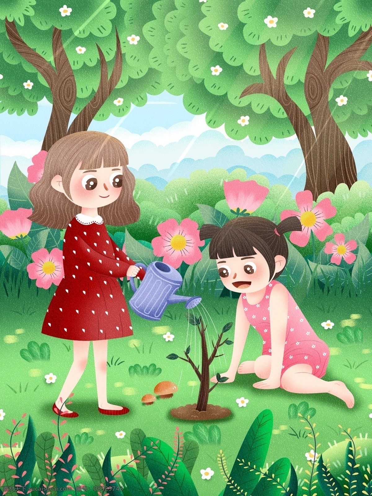 绿色环保 植树节 女孩 浇水 小 清新 插画 绿色 环保 植树 种树 淋花 植物 树木 花丛 草丛 花草 可爱 小清新 肌理 噪点 保护环境 山林 卡通 节日