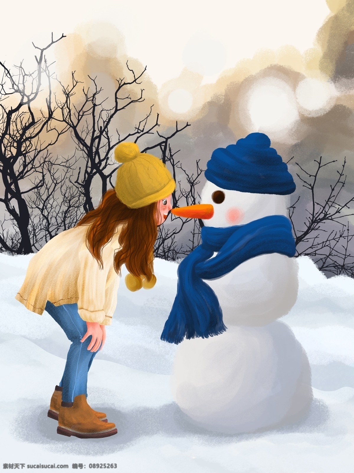 十二月 你好 冬季 户外 唯美 风景 雪人 女孩 冬天 十二月你好 帽子 寒冷 围巾 卡通