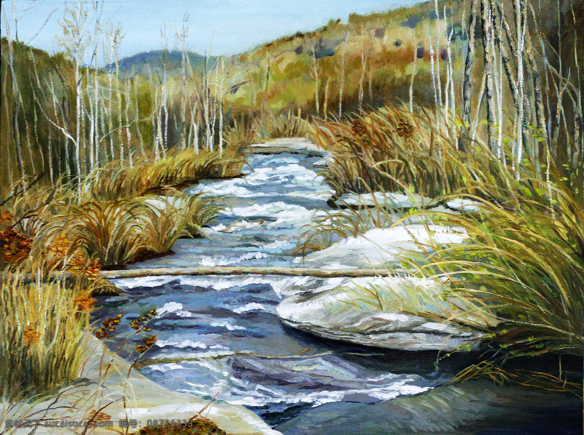 溪流 水草 高清风景油画 溪流水草 油画素材下载 油画 溪流水草油画 装饰素材