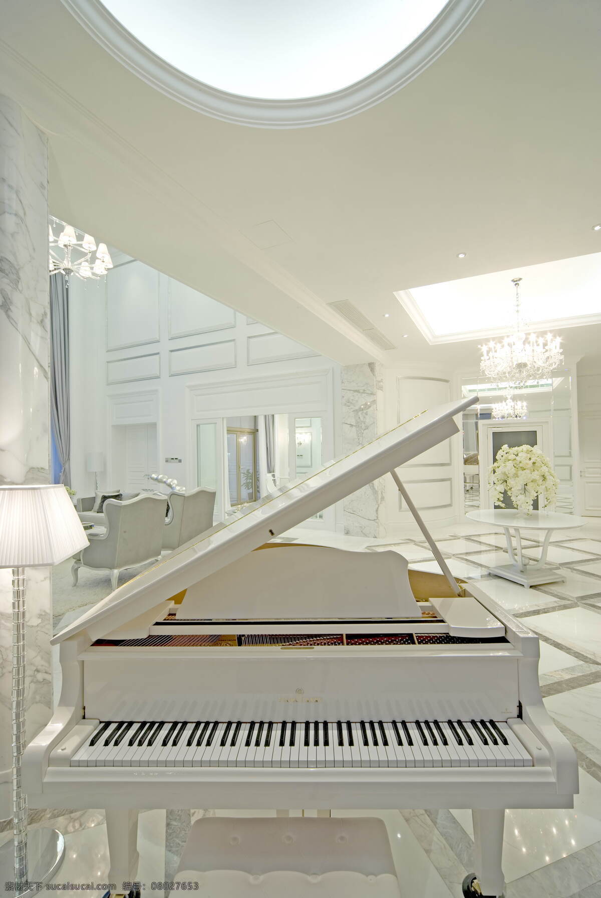 现代 北欧 风格 轻 奢 钢琴 房 装修 效果图 简约 白色系 厨房 玻璃隔断 黄色射灯