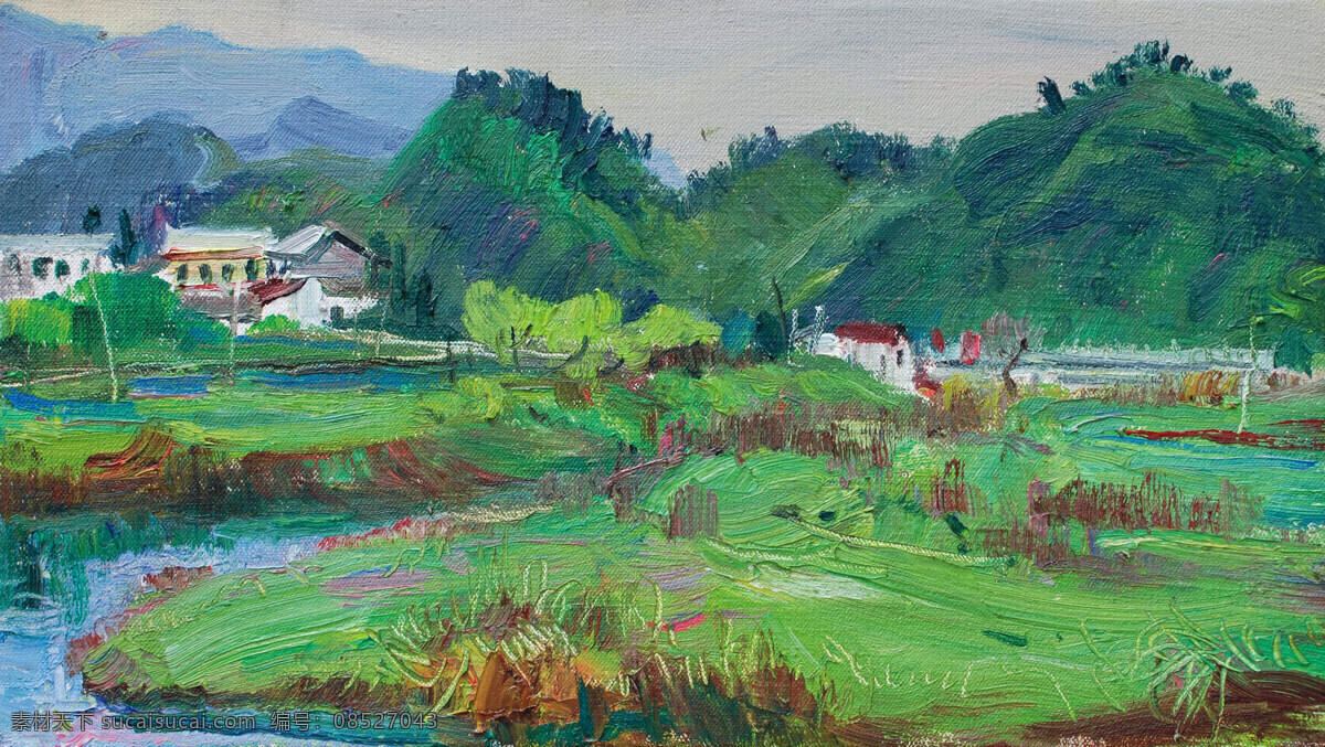 村庄 房屋 风景 绘画书法 美术 山岭 树木 绿野 设计素材 模板下载 绿野村庄 油画 田野 溪流 庄稼 植物 油画艺术 油画作品51 文化艺术