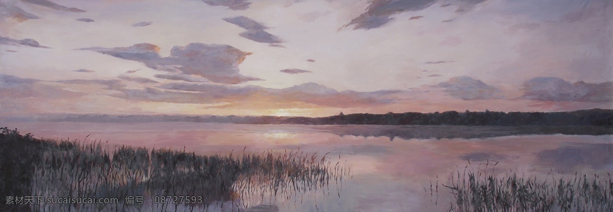 油画作品 倒影 湖水 绘画书法 芦苇 日出 太阳 文化艺术 阳光 云海 油画 家居装饰素材