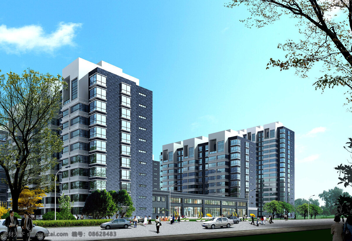 草地 道路 环境设计 建筑设计 街景 楼盘 楼盘效果图 楼宇 楼盘设计图 住宅楼 商业楼 商场 商铺 绿化 树木 行人 汽车 天空
