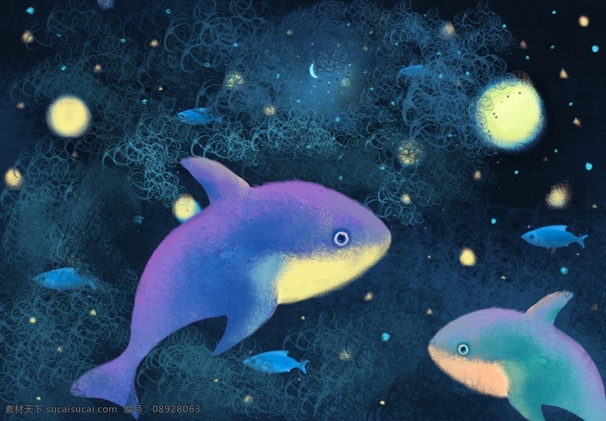 唯美 夜空 夏天 治愈 鲸鱼 大海 星空 月亮 清凉 浪漫 星球 大鱼 小鱼 夏日夜晚 朦胧