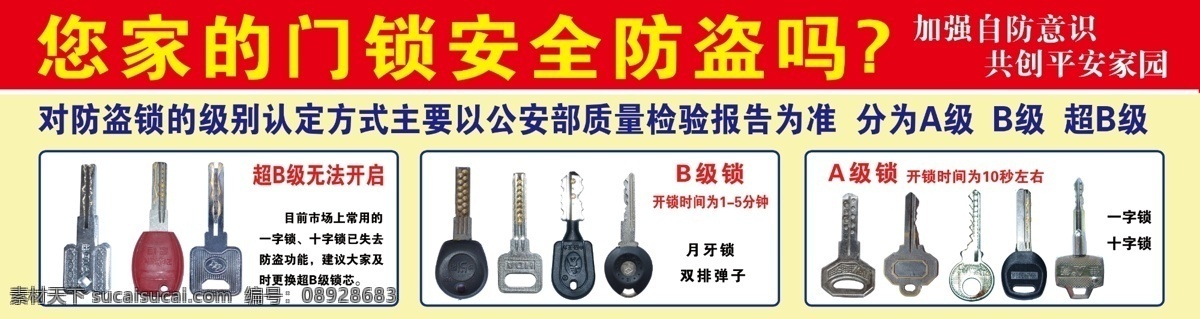 防盗锁 安全 等级 介绍 门锁等级 门锁 钥匙 b级锁 超b级锁匙 a级锁 安全锁 公司广告 展板模板