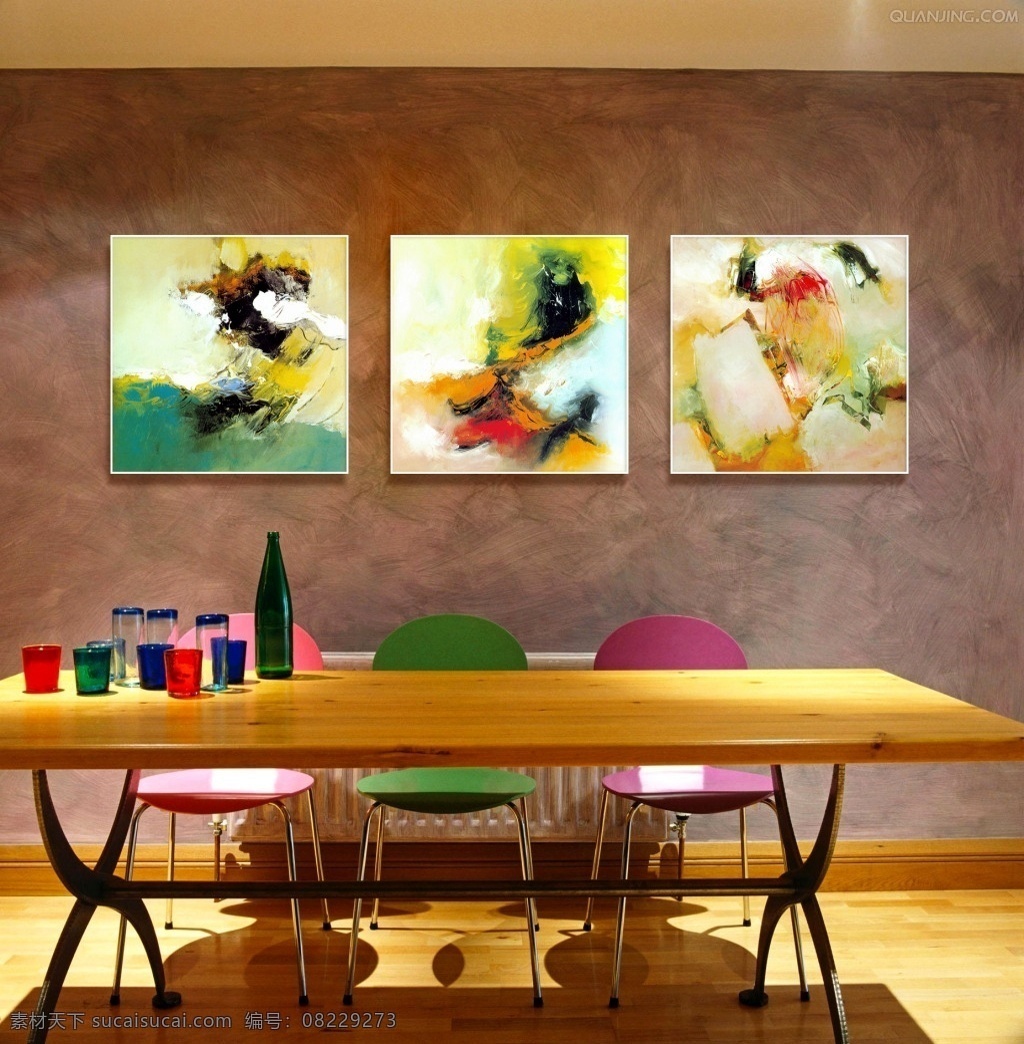 简约 餐厅 抽象 装饰画 三联 画 效果图 现代 木色 安静